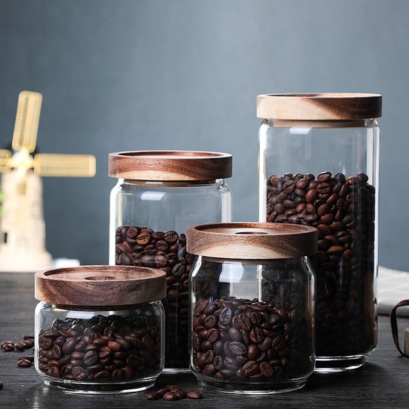 Airtight candy glass jar coffee bean storage tank grain storage jar large acacia wooden lid food container