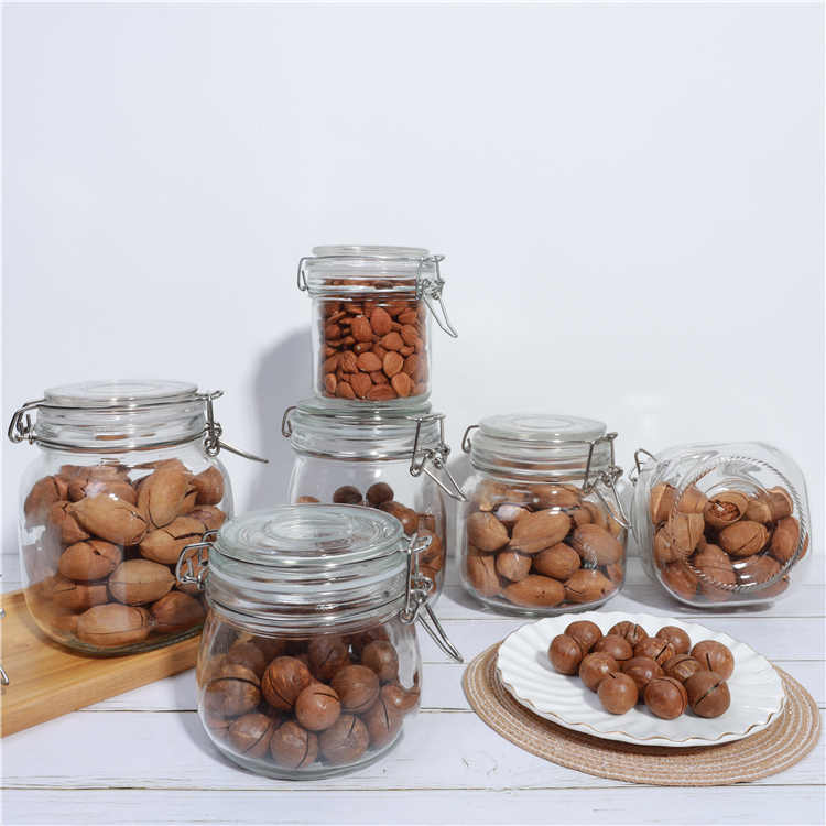 Airtight cylinder shape mix sizes kitchen glass storage jar with buckle lid