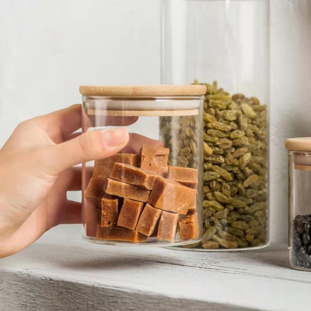 Airtight hot sale high borosilicate glass jar for kitchen storage dry food with bamboo lid and cork lid