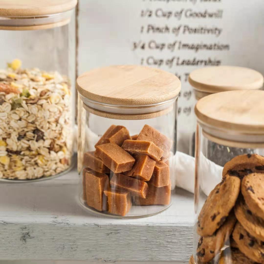 Airtight hot sale high borosilicate glass jar for kitchen storage dry food with bamboo lid and cork lid