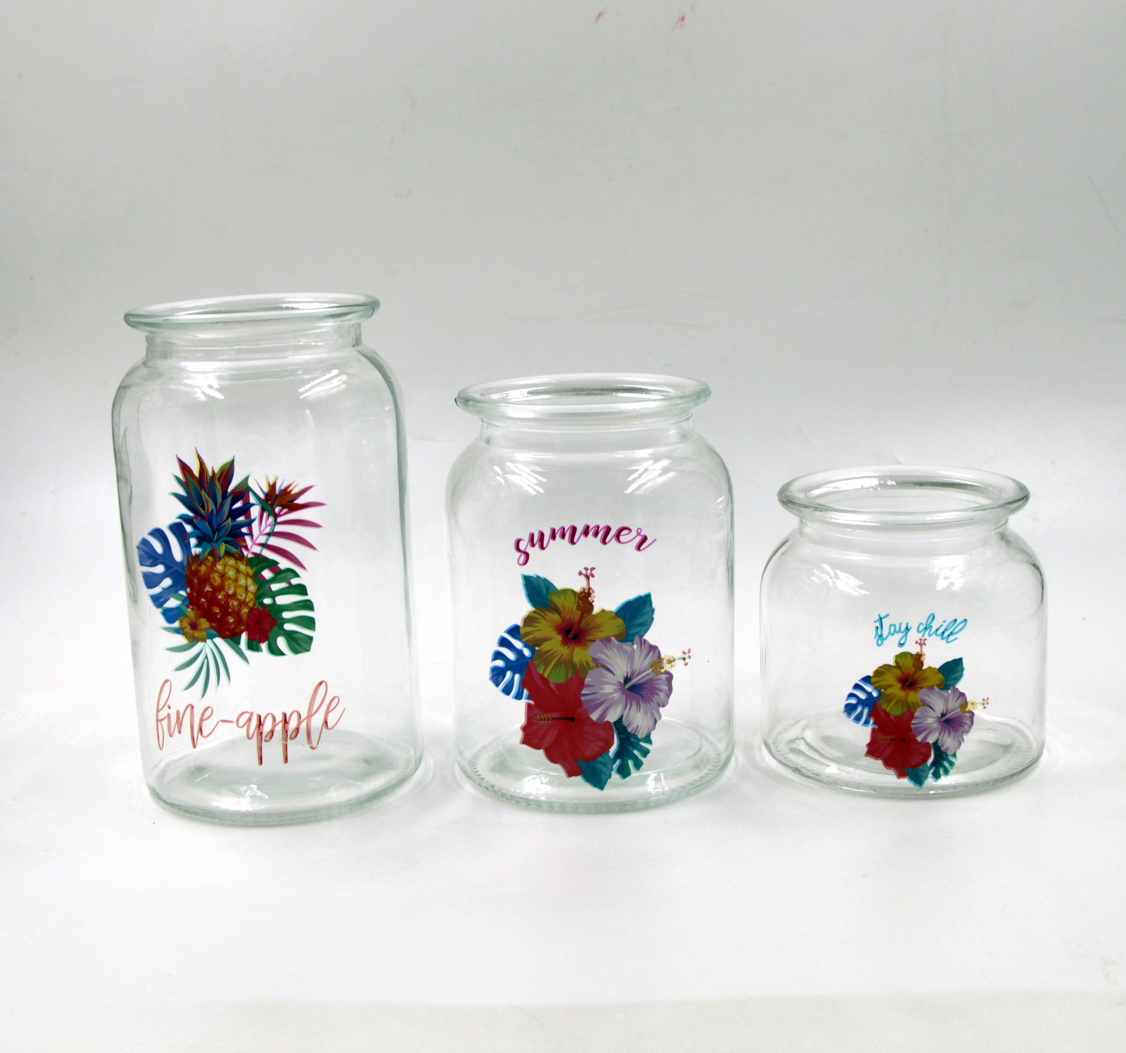 Airtight hot-selling 650ml round glass canister with glass lids with pattern