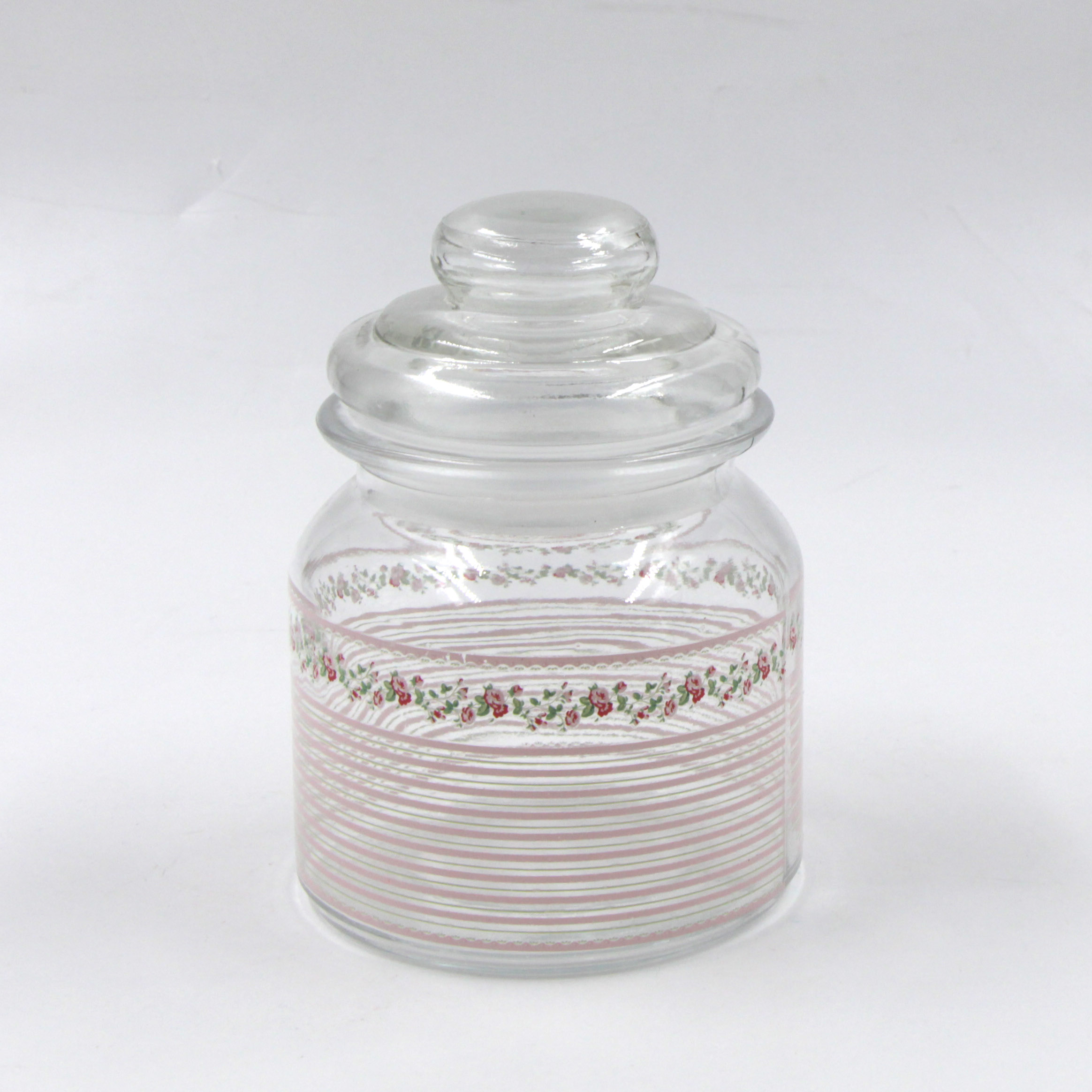 Airtight hot-selling 650ml round glass canister with glass lids with pattern