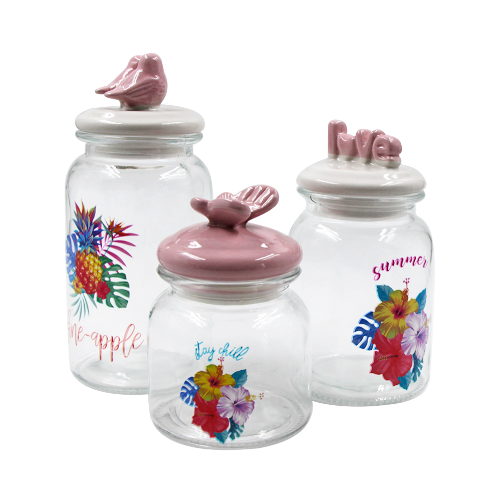 Airtight hot-selling  round glass jar with ceramic  lids wholesales with flower pattern