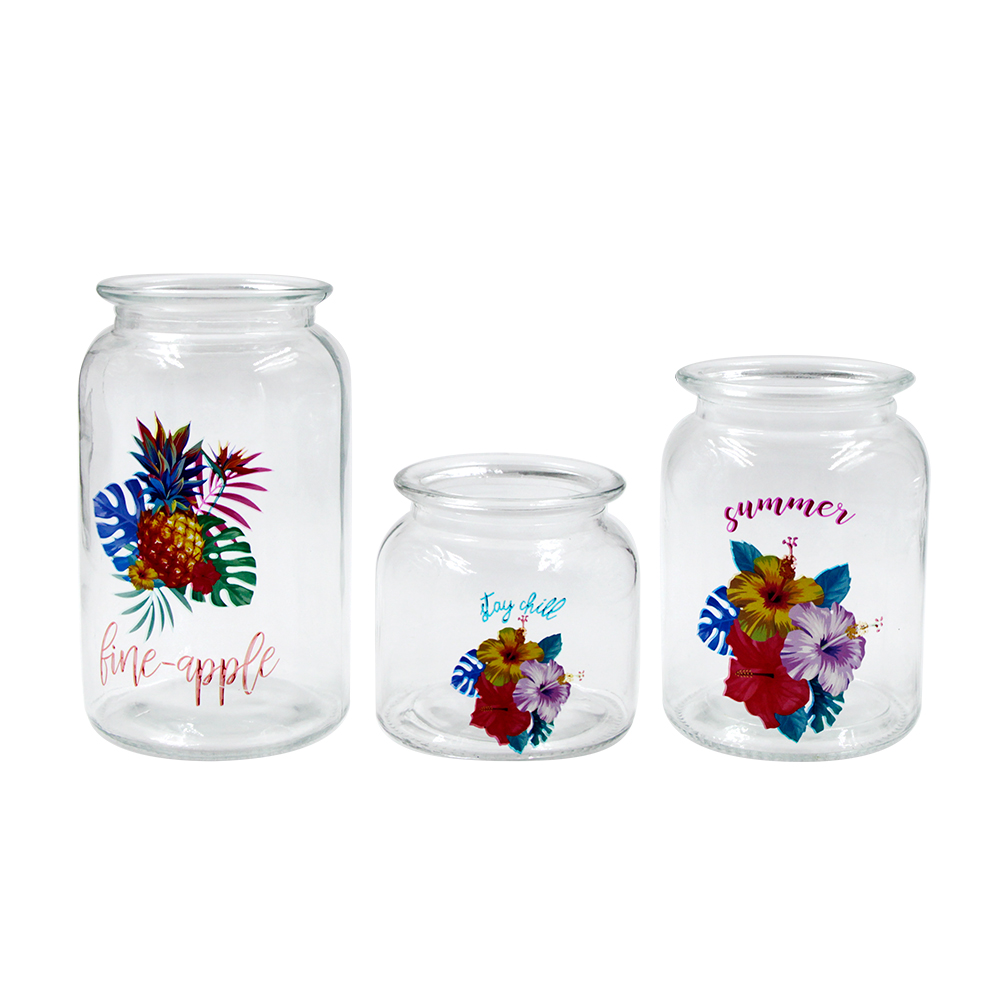 Airtight hot-selling round glass jar with ceramic lids wholesales with flower pattern