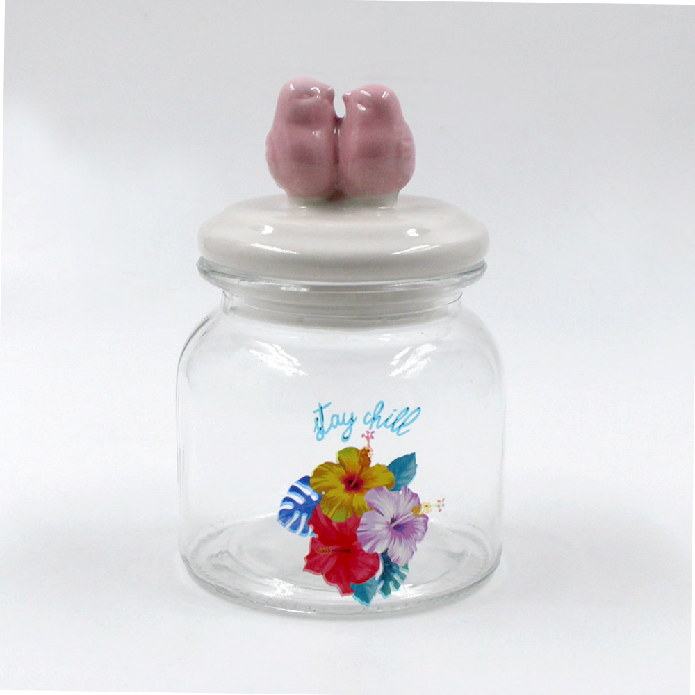 Airtight hot-selling round glass jar with ceramic lids wholesales with flower pattern