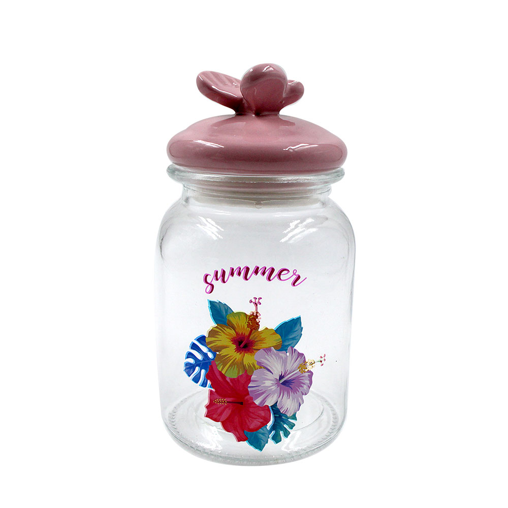 Airtight hot-selling round glass jar with ceramic lids wholesales with flower pattern