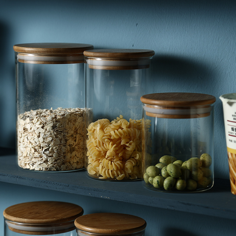 Airtight round bamboo lid glass jar pasta glass container with wood lid