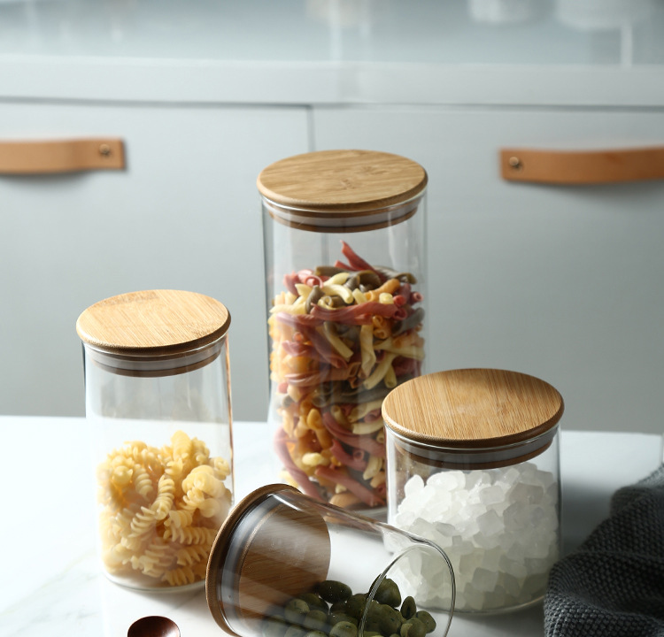Airtight round bamboo lid glass jar pasta glass container with wood lid