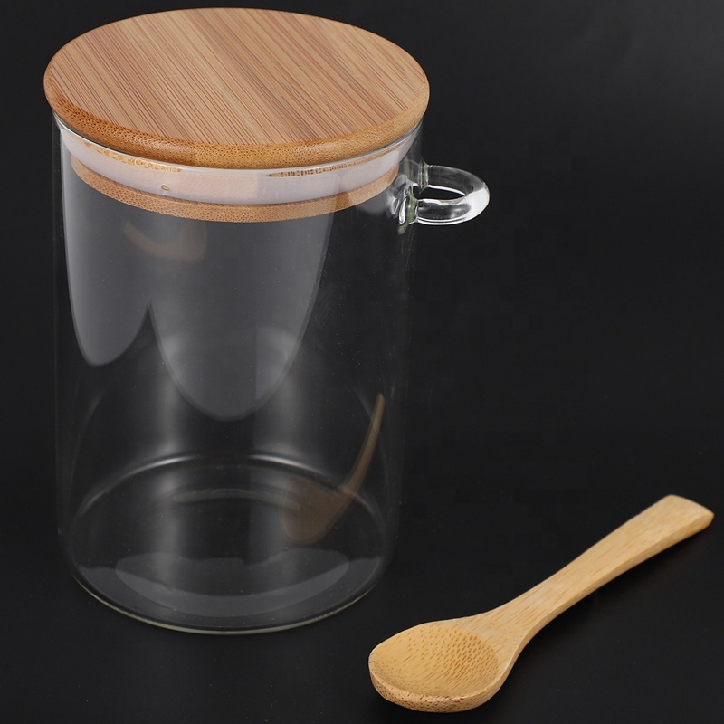 Airtight round shape glass food storage jars with bamboo lid and wooden spoon