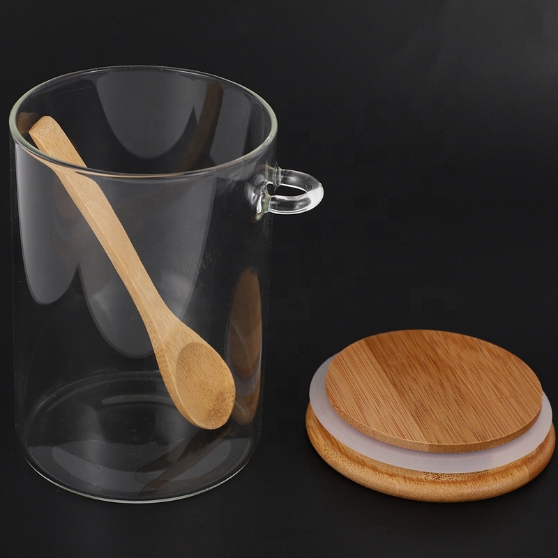 Airtight round shape glass food storage jars with bamboo lid and wooden spoon