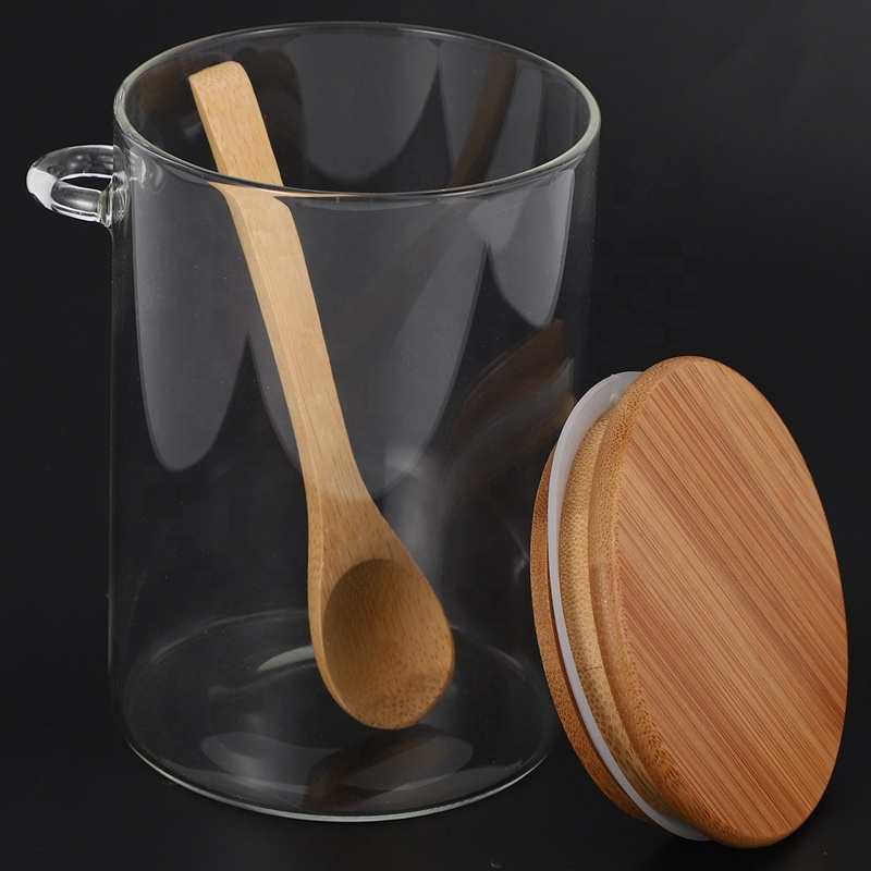 Airtight round shape glass food storage jars with bamboo lid and wooden spoon