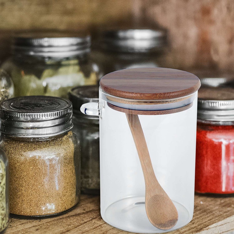 Airtight round shape glass food storage jars with bamboo lid and wooden spoon
