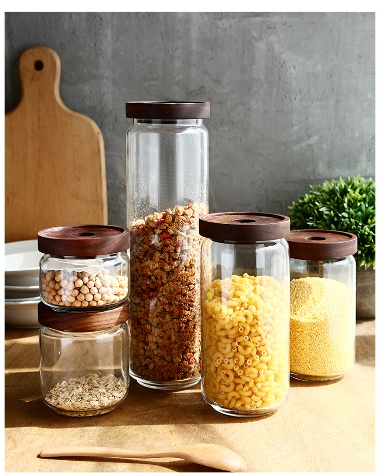 Airtight round shape glass food storage jars with wood lid