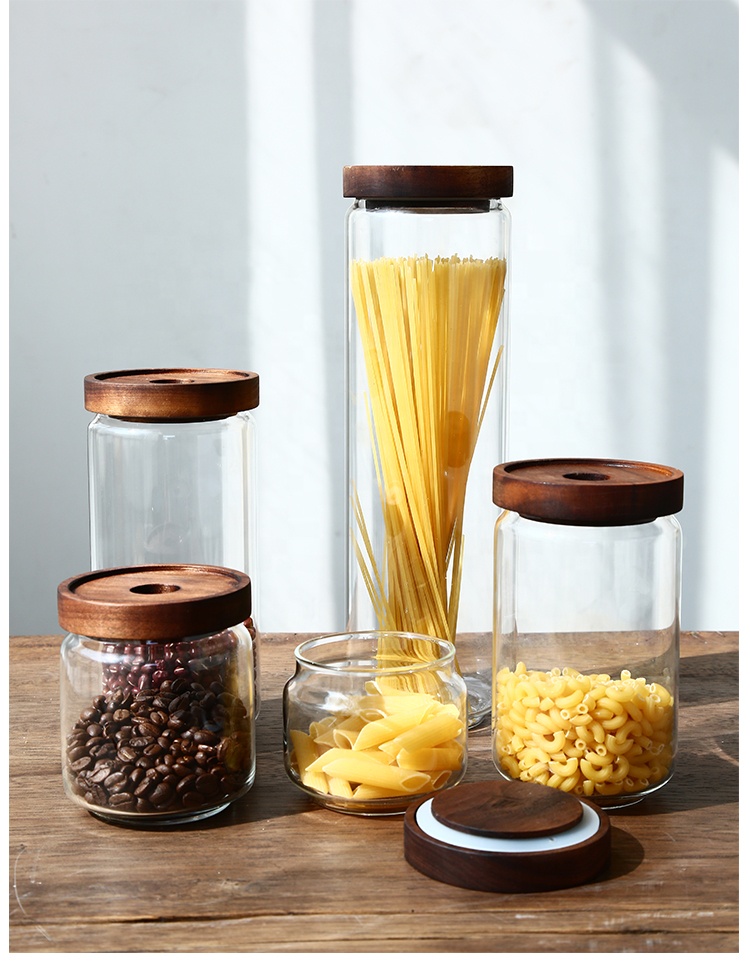 Airtight round shape glass food storage jars with wood lid