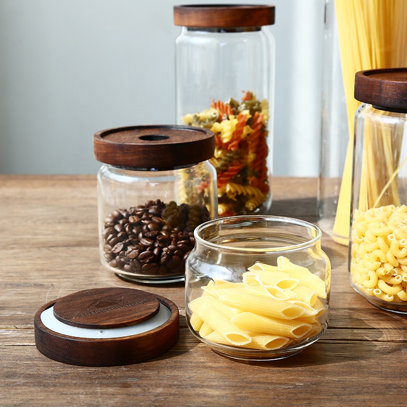 Airtight round shape glass food storage jars with wood lid