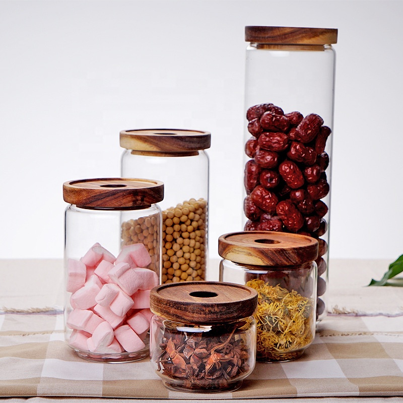 Airtight round shape glass food storage jars with wood lid