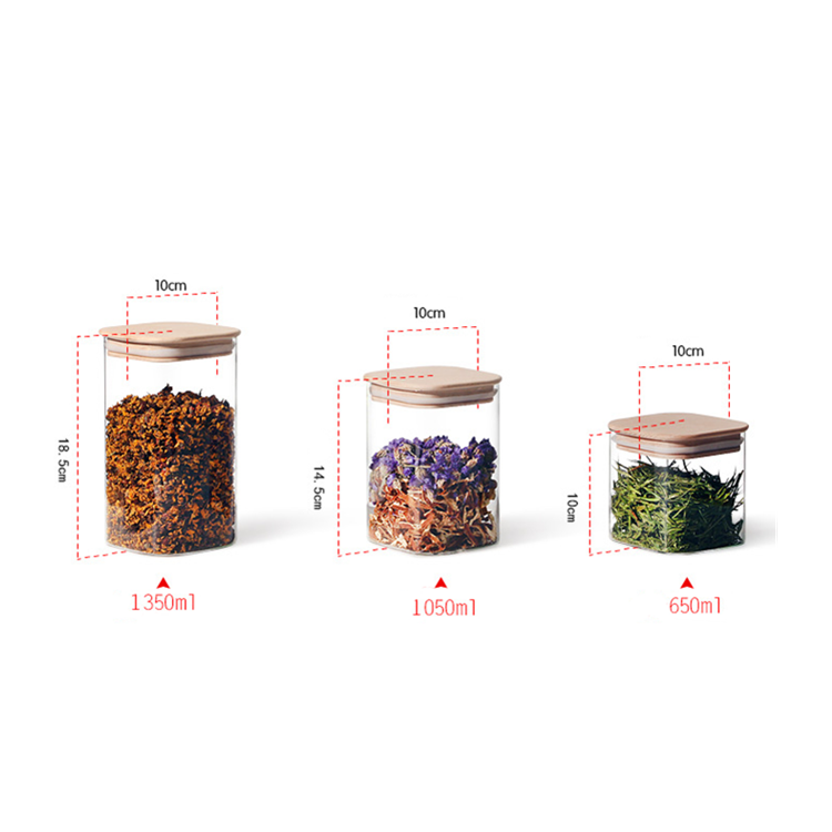 Airtight square shape mix size kitchen glass storage jar with bamboo lid