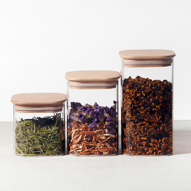 Airtight square shape mix size kitchen glass storage jar with bamboo lid