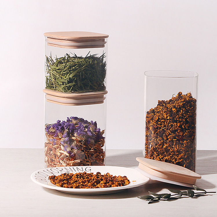 Airtight square shape mix size kitchen glass storage jar with bamboo lid