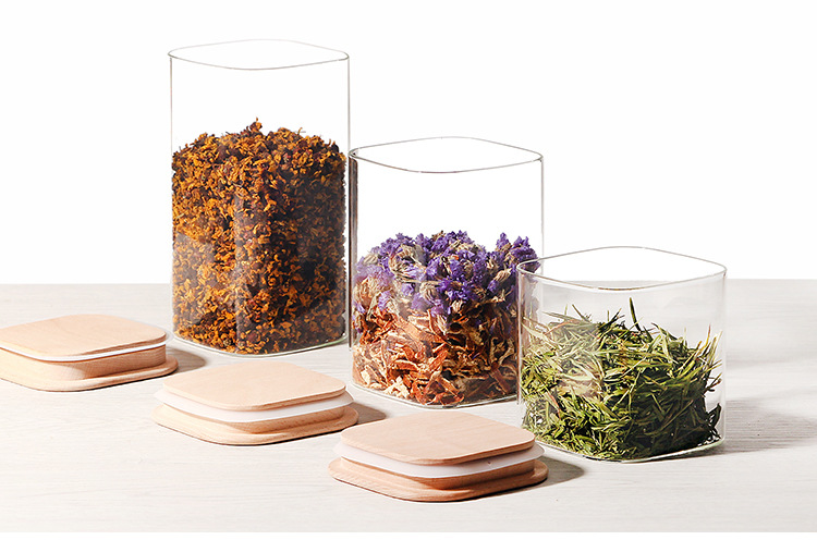 Airtight square shape mix size kitchen glass storage jar with bamboo lid