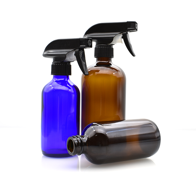 Alibaba China clear blue amber 4oz 1L 16oz boston round glass bottle with trigger spray cap