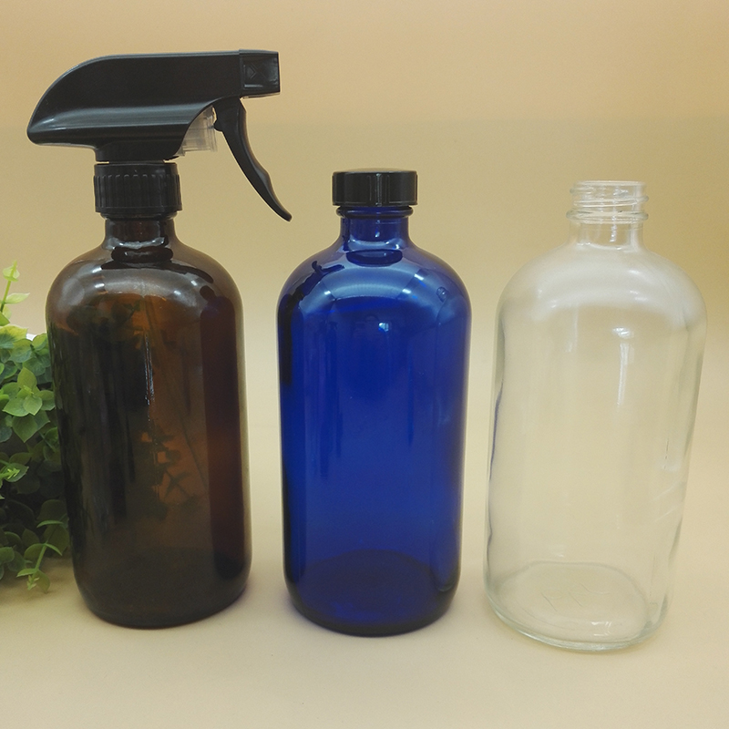 Alibaba China clear blue amber 4oz 1L 16oz boston round glass bottle with trigger spray cap