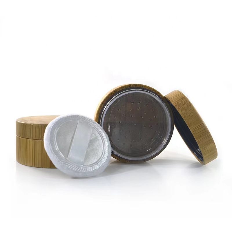 All bamboo wooden shell packaging PP Liner Cosmetic bottle beauty Foundation box powder puff can with Sieve