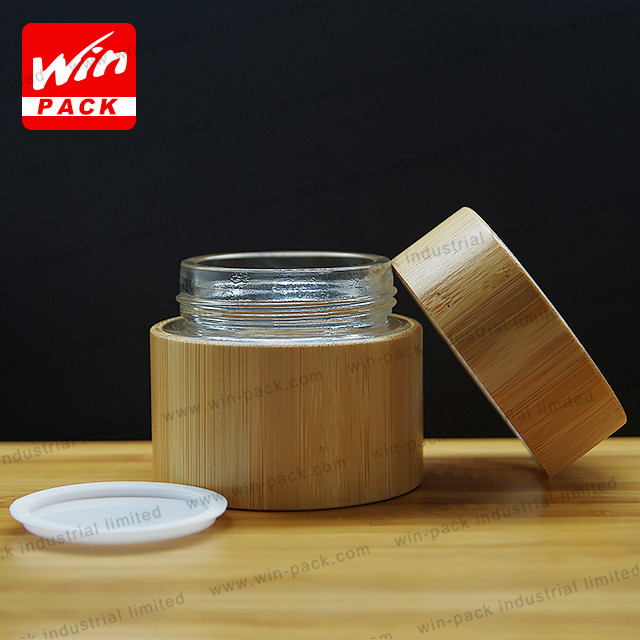 All wrapped bamboo jar clear glass inner cream jar with bamboo twist off cap