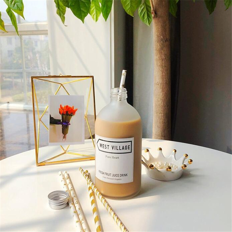 Aluminum Cover Frosted Acid Etch Beverage Juice Milk Drink Round Glass Bottle