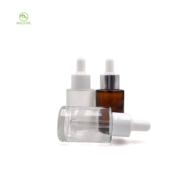 Aluminum gold silver lid 30ml 1oz flat shoulder frosted clear amber glass dropper bottle for essential oil serum