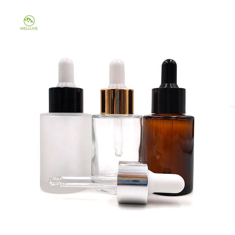 Aluminum gold silver lid 30ml 1oz flat shoulder frosted clear amber glass dropper bottle for essential oil serum