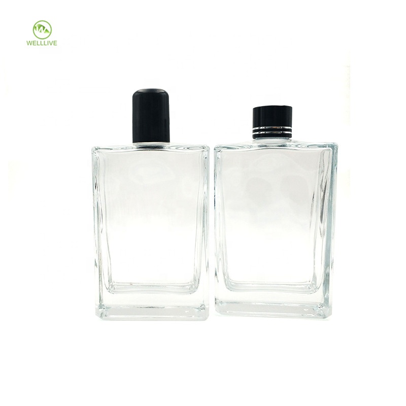 Aluminum plastic black cap 100ml clear square glass wine liquor bottle with plug welllive