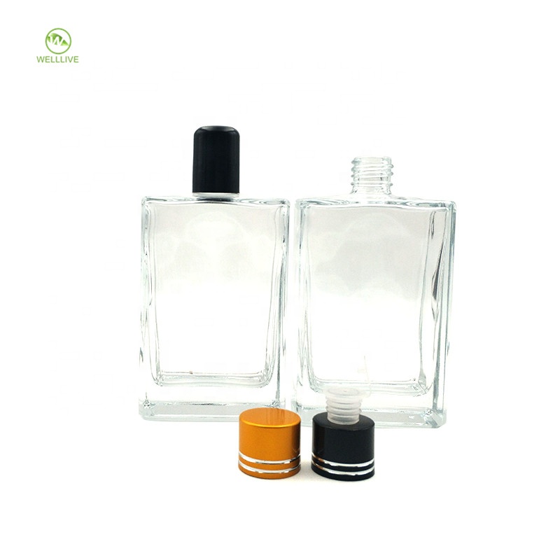Aluminum plastic black cap 100ml clear square glass wine liquor bottle with plug welllive