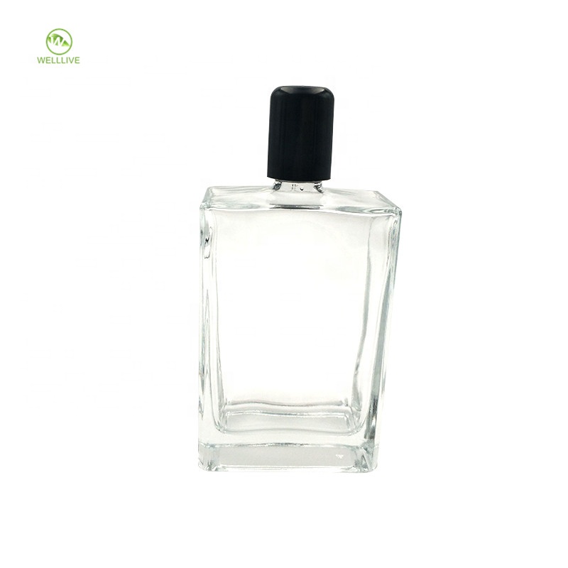 Aluminum plastic black cap 100ml clear square glass wine liquor bottle with plug welllive