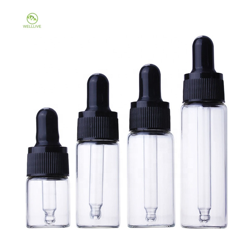 Aluminum plastic screw lid 5ml 10ml 15ml 20ml clear amber tall tubular glass dropper bottle for essential oil