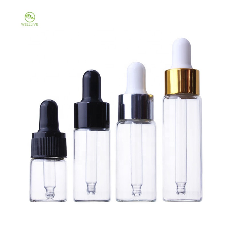 Aluminum plastic screw lid 5ml 10ml 15ml 20ml clear amber tall tubular glass dropper bottle for essential oil