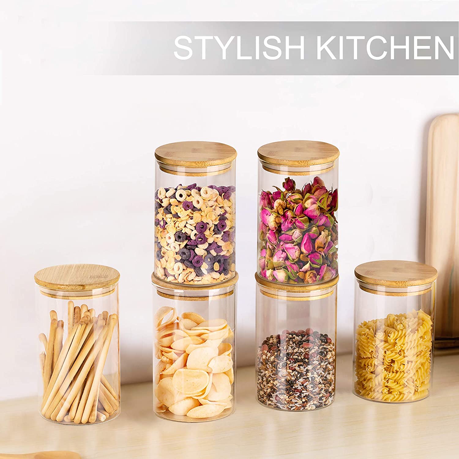 Amazon Glass Storage Jars 250 ml, Set of 10 Glass Jars with Bamboo Lids and Labels, Airtight Canister Kitchen Food Storage