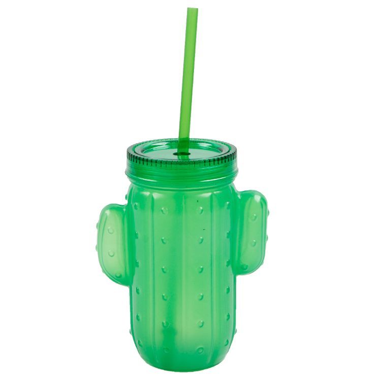 Amazon Hot Sale Unique Cactus Shaped Drinking Mason Jar With Hard Lid And Straw