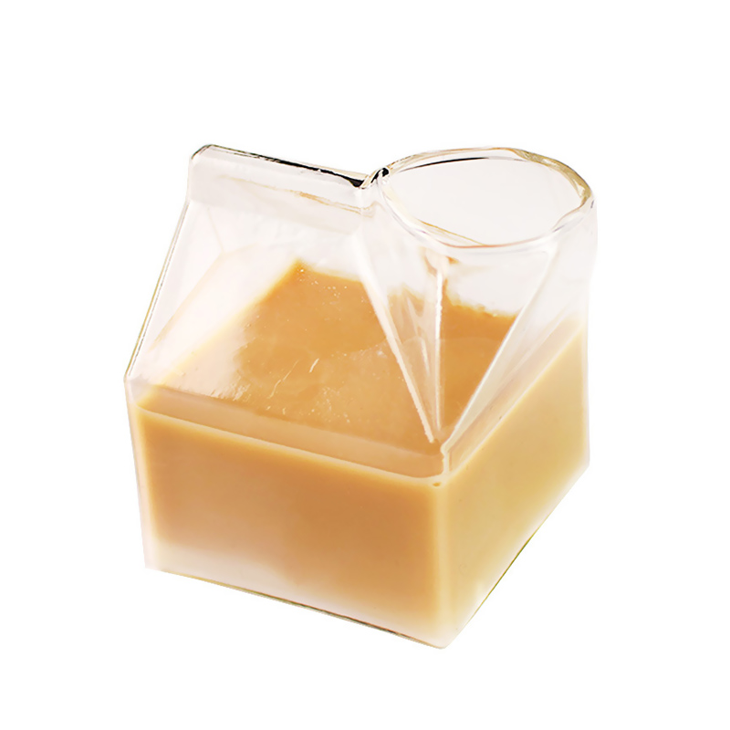 Amazon hot sale cute square milk  glass box high borosilicate transparent milk glass cup