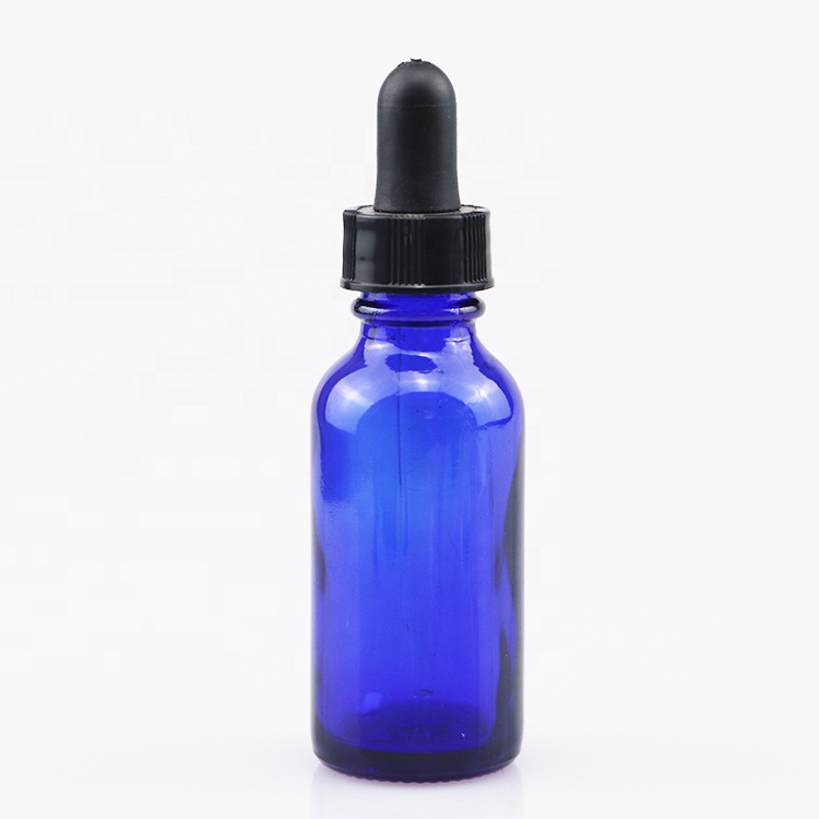 Amazon hot seller 30ml boston round cobalt blue glass bottles with black logo