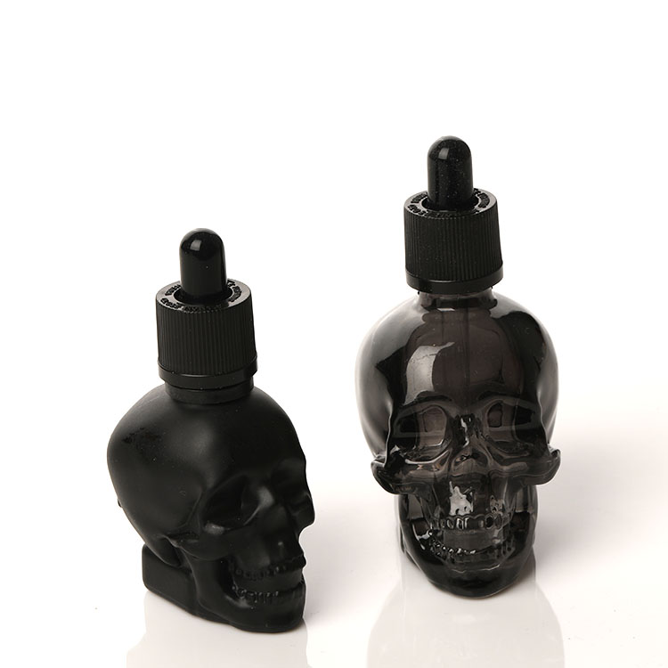 Amazon hot seller beard oil bottles CBD oil glass pipette bottles frosted black skull bottles 30ml 60ml
