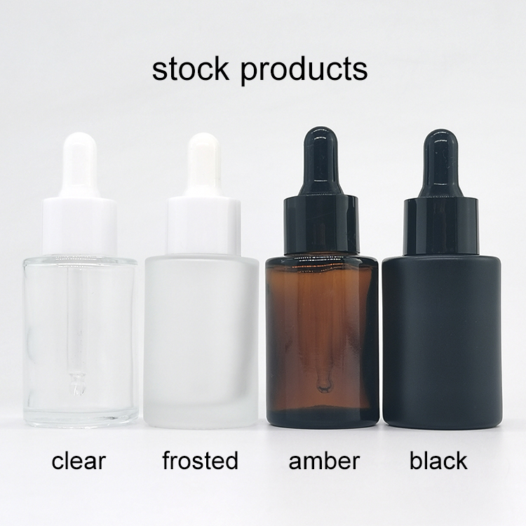 Amazon's best selling in stock clear frosted amber black serum oil bottles 30ml dropper bottle with plastic dropper