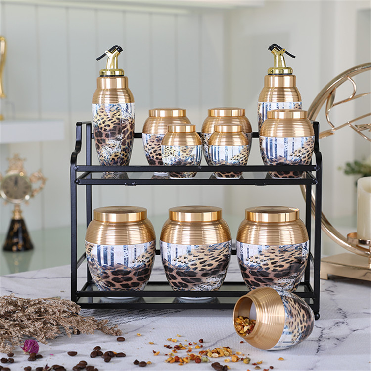 Amber 2020 High quality leopard print unique design kitchen used 12 pcs porcelain canister set  with metal stand