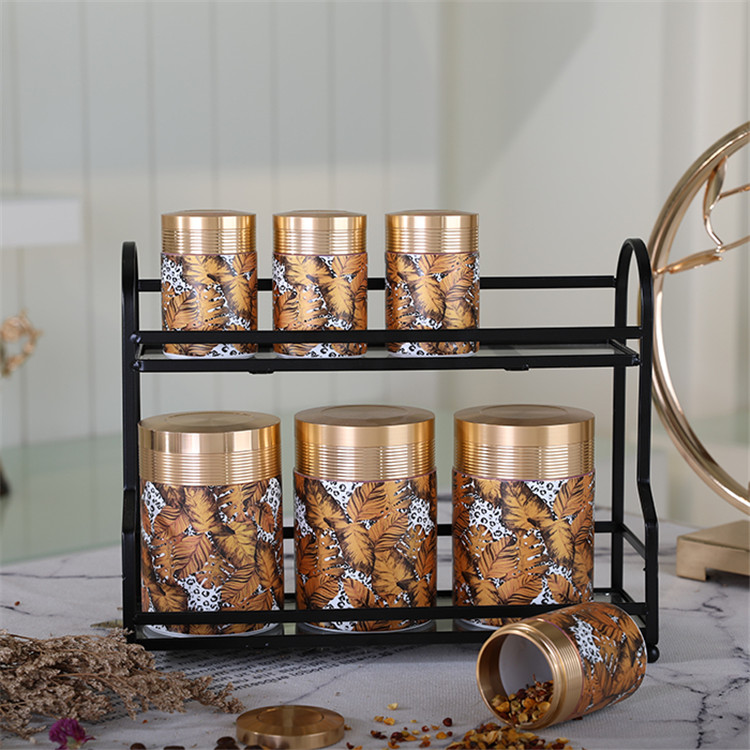 Amber 2020 New design silk-stocking kitchen marble spice jar porcelain seasoning canister set with metal stand
