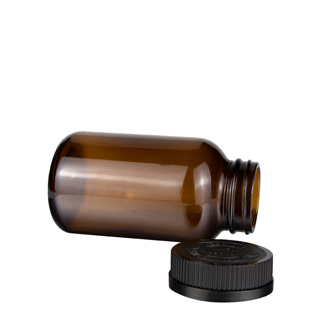 Amber 60ml 90ml 125ml 150ml 200ml 260ml round HDPE glass medicine pill bottle with black color child proof CRC cap