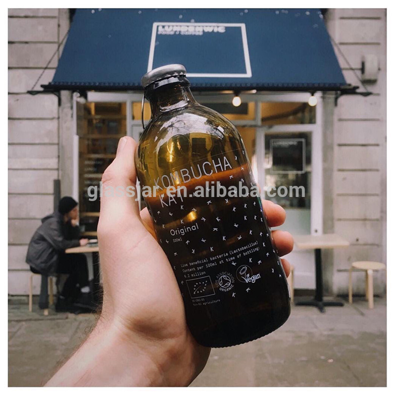 Amber Boston Round 500ml 16 oz Glass Bottles Kombucha Beverage Drinking Bottels With Cap