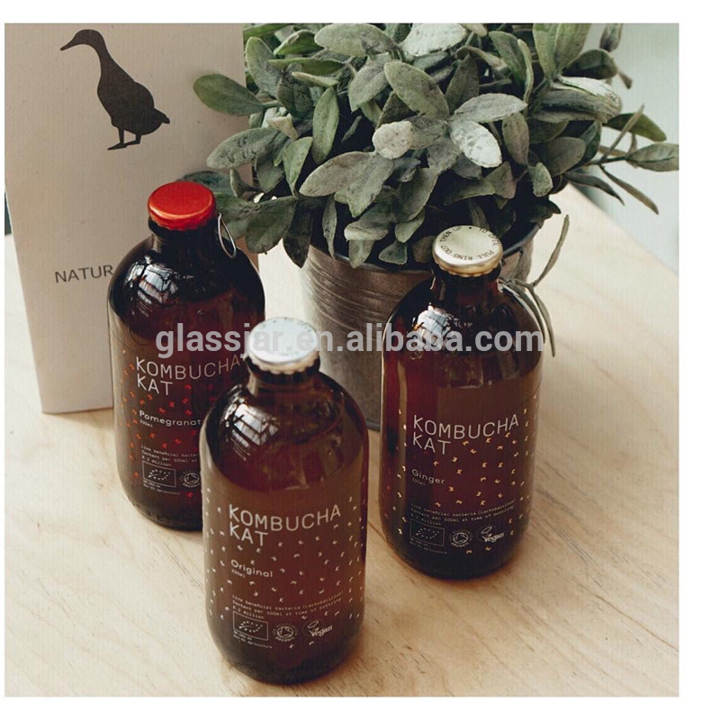 Amber Boston Round 500ml 16 oz Glass Bottles Kombucha Beverage Drinking Bottels With Cap