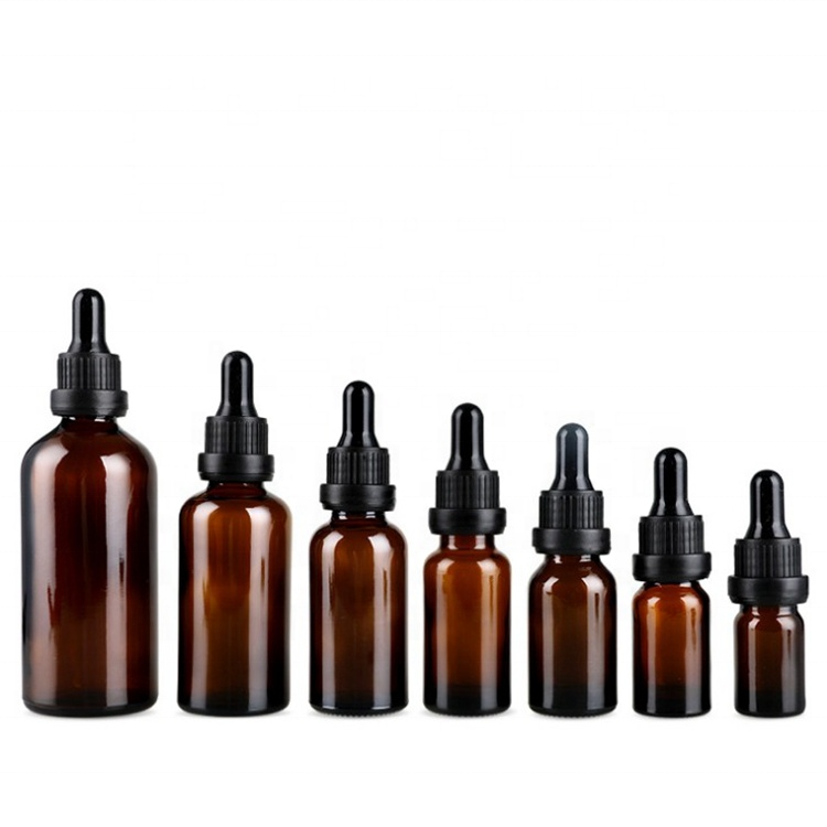 Amber Boston Round 5ml 10ml 15ml 20ml 30ml 50ml 100ml Cosmetics Essential Oil Glass Bottles with Safety Ring Pipette Droppers
