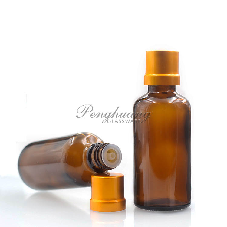Amber Boston Round Glass Bottle/ Glass Essential Oil Bottle/ Amber Glass Bottle With Cap