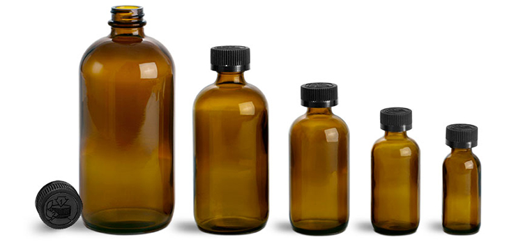 Amber Cobalt Boston Round Glass Bottle 2oz 4oz 8oz 16oz 32oz with Black Phenolic Cap